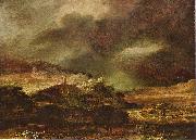 Stadt auf einem Hugel bei sturmischem Wetter Rembrandt Harmensz Van Rijn
